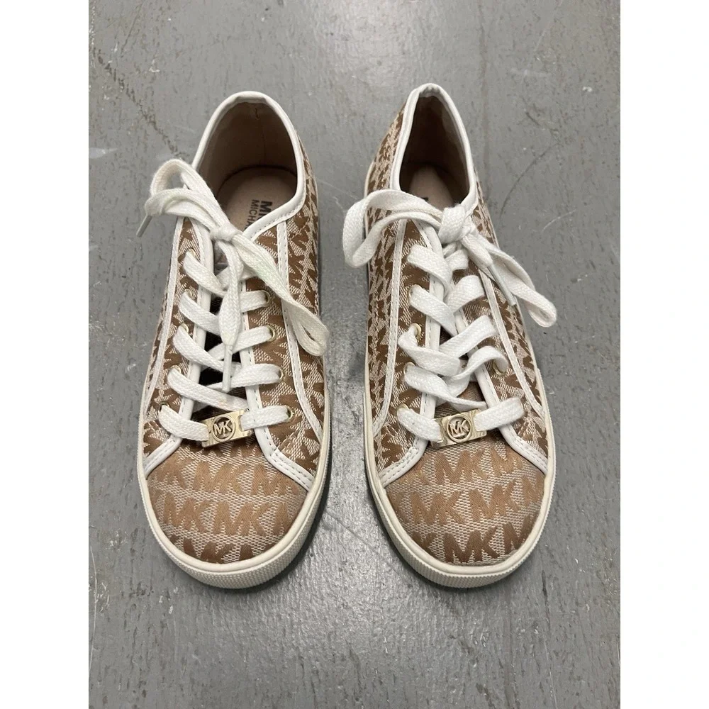 Michael Kors Girls Ivy Nettle Camel Gold MK Logo Lace Sneakers Size 3 Shoes‎